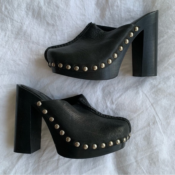 Miu Miu Shoes - Vintage Miu Miu 1996 Leather Shearling Stud Clog Mule Heels Black